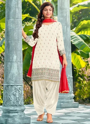 Off White Mirror Work Embroidered Patiala Suit
