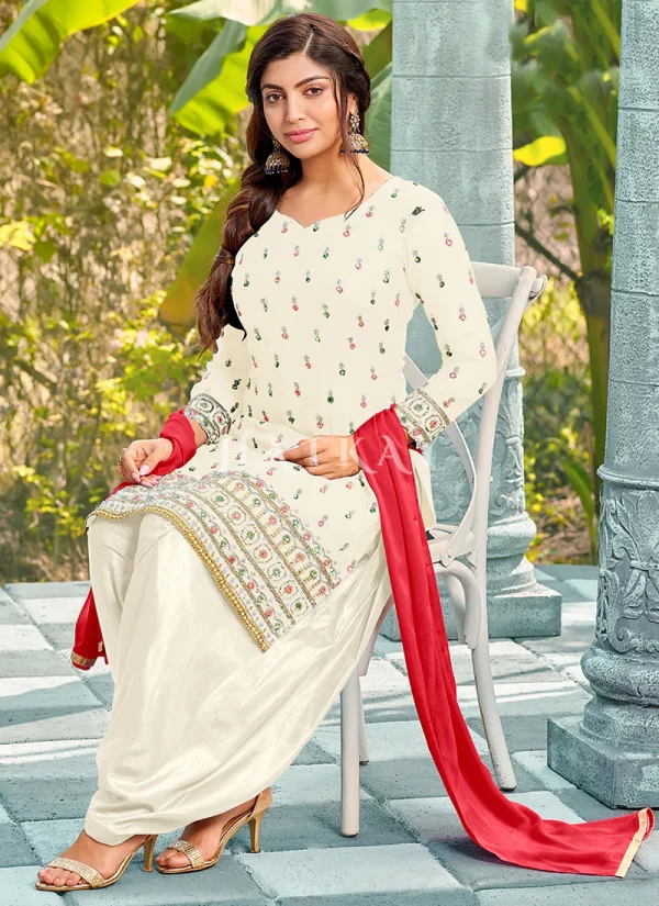 Off White Mirror Work Embroidered Patiala Suit