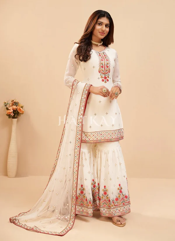 Off White Multi Embroidered Georgette Gharara Suit