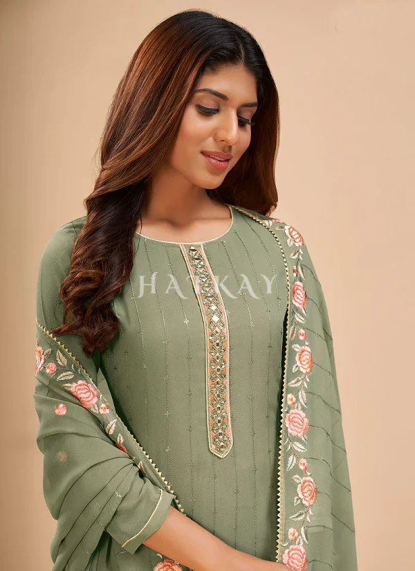 Olive Green Floral Embroidered Salwar Kameez Suit