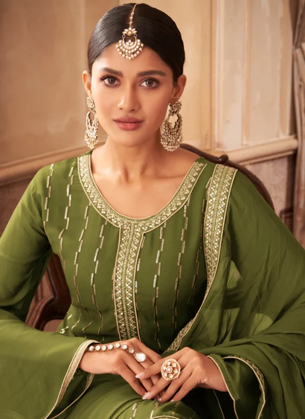Olive Green Traditional Embroidered Sharara Suit