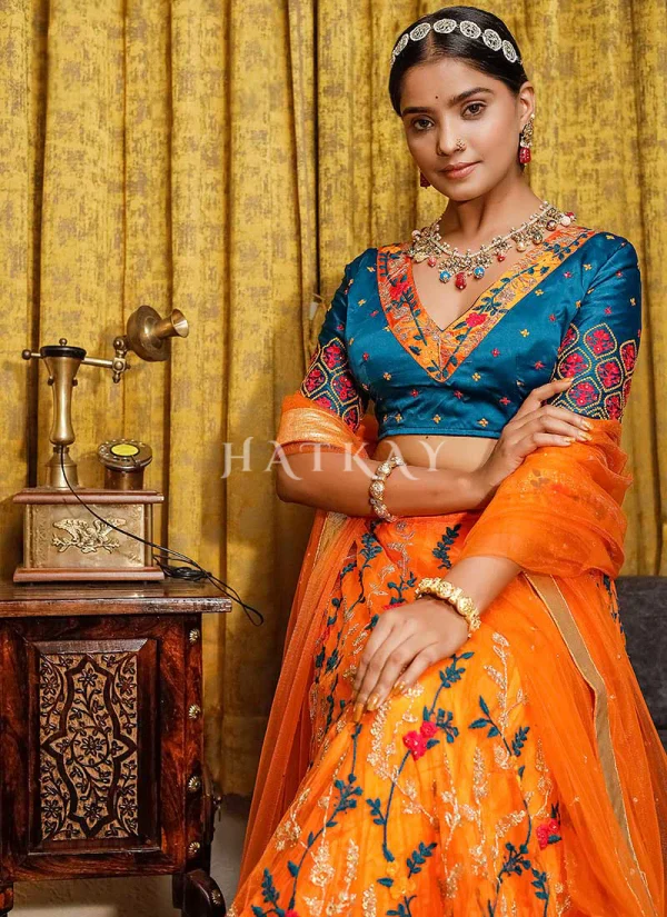 Orange And Blue Multi Embroidery Wedding Lehenga Choli