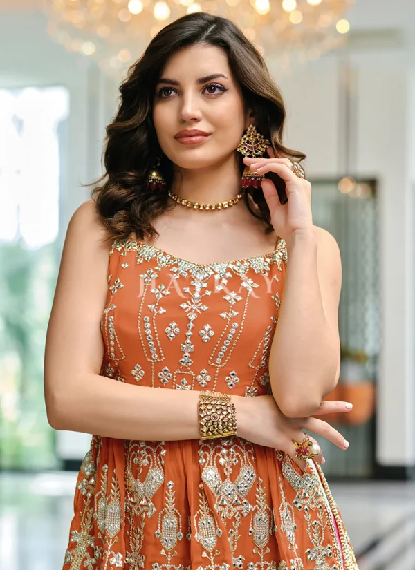 Orange And White Embroidered Georgette Sharara Suit