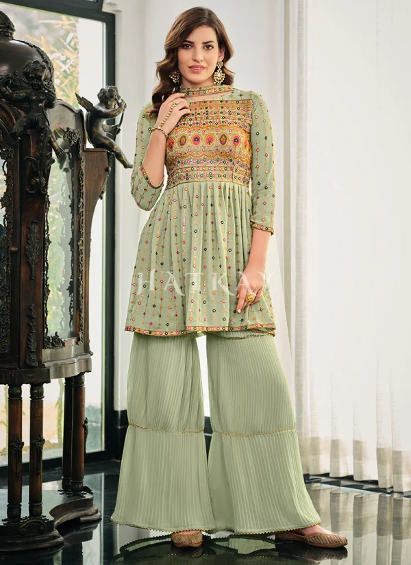 Pale Green Multi Embroidered Gharara Suit