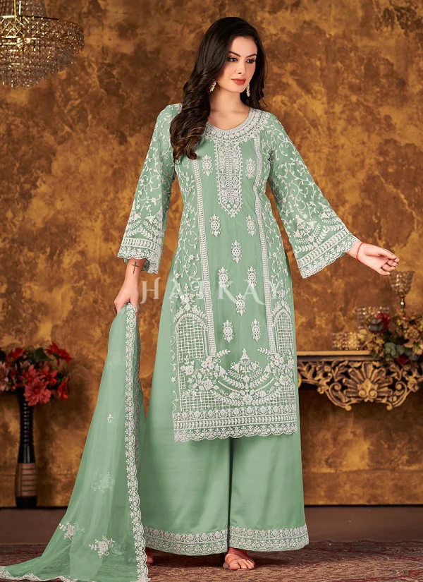 Pale Green Embroidered Pakistani Palazzo Suit
