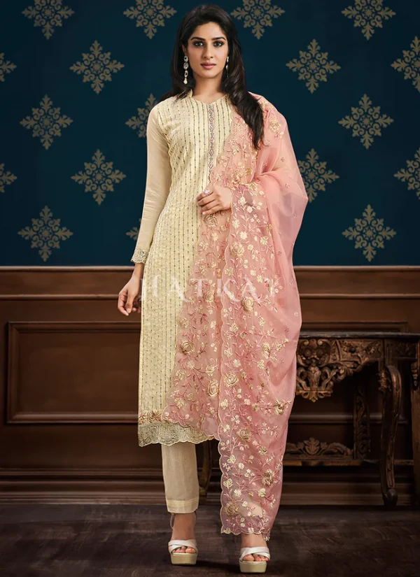 Pale Yellow And Pink Floral Embroidery Pakistani Pant Suit