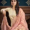 Pale Yellow And Pink Floral Embroidery Pakistani Pant Suit