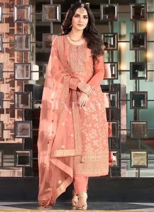 Peach Golden Embroidery Pant Style Suit