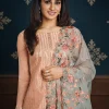 Peach And Grey Floral Embroidery Pakistani Pant Suit