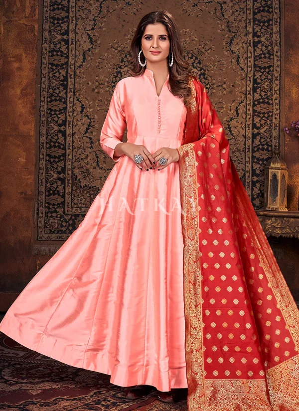 Peach And Red Silk Embroidered Anarkali Suit