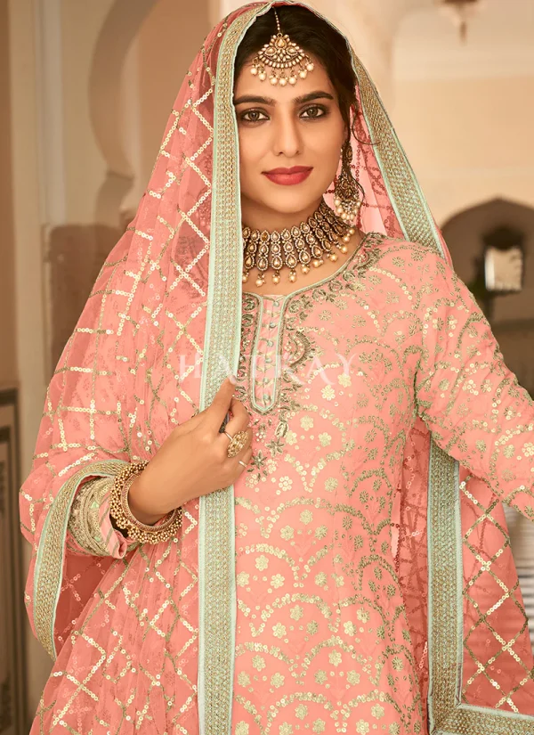 Peach Sequence Embroidered Wedding Gharara Suit