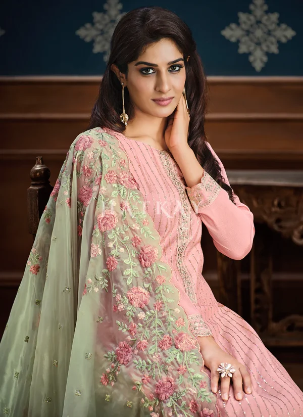 Pink And Green Floral Embroidery Pakistani Pant Suit