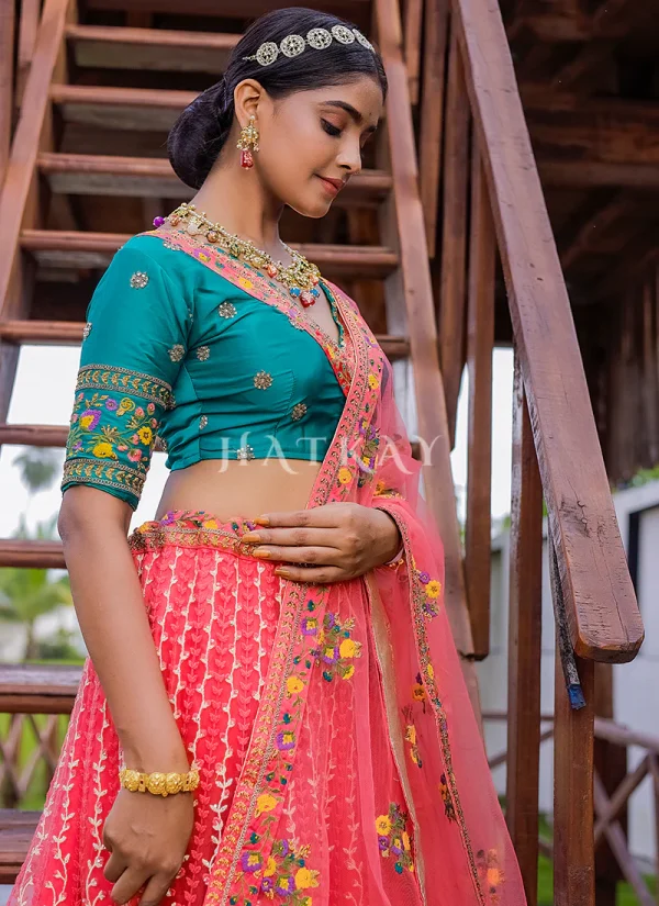 Pink And Turquoise Multi Embroidery Silk Lehenga Choli