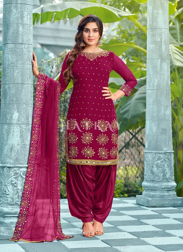 Pink Mirror Work Embroidered Patiala Suit