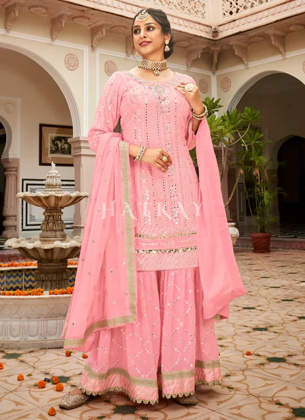 Pink Mirror Work Embroidered Wedding Gharara Suit