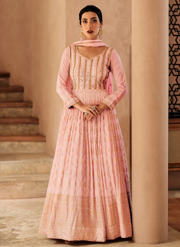 Pink Mirror Work Embroidery Georgette Wedding Anarkali Suit