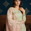 Pista Green And Peach Floral Embroidery Pakistani Pant Suit