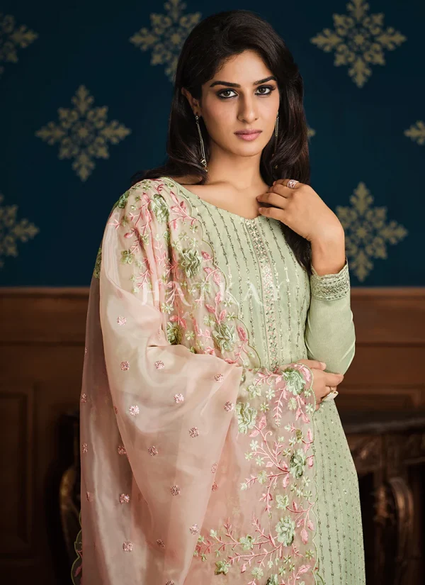 Pista Green And Peach Floral Embroidery Pakistani Pant Suit