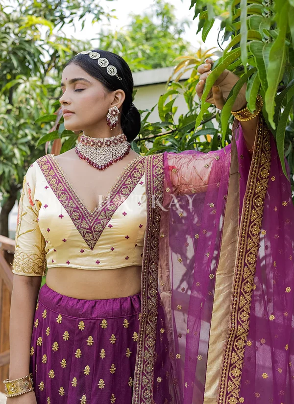 Purple And Cream Multi Embroidery Silk Lehenga Choli