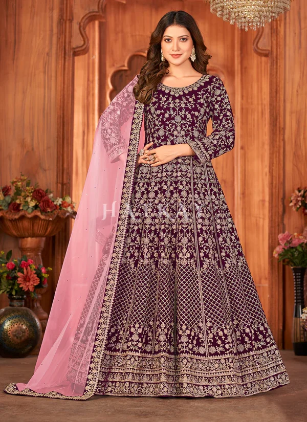 Purple Embroidery Traditional Velvet Anarkali Suit