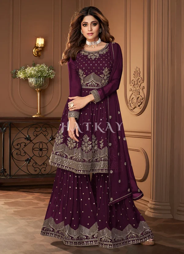 Purple Golden Embroidered Designer Sharara Suit