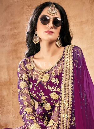Purple Zari Embroidered Traditional Gharara Style Suit