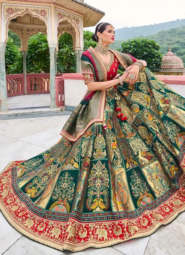 Red And Green Multi Embroidery Wedding Lehenga Choli