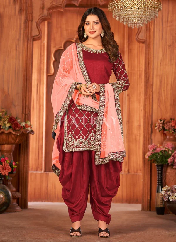 Red And Peach Mirror Work Embroidery Patiala Suit