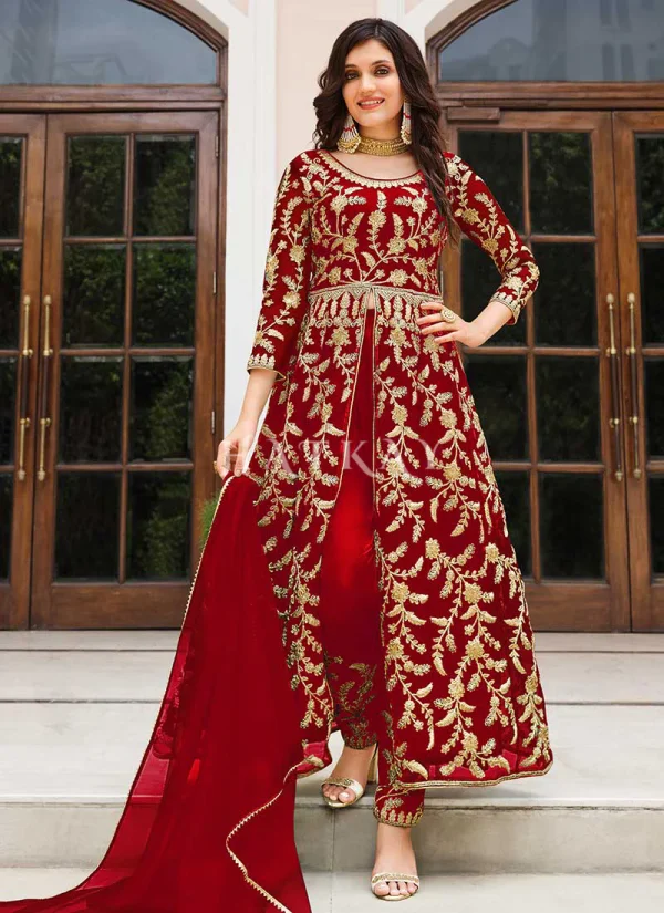 Red Embroidered Designer Anarkali Suit