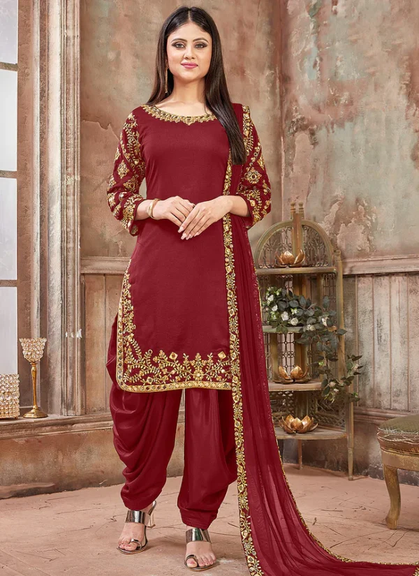 Red Embroidered Traditional Patiala Suit