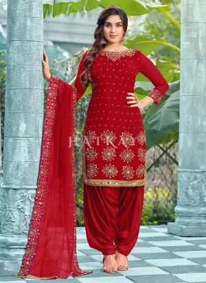 Red Mirror Work Embroidered Patiala Suit