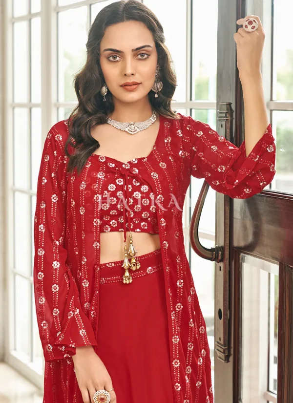 Red Sequence Embroidered Jacket Style Sharara Suit