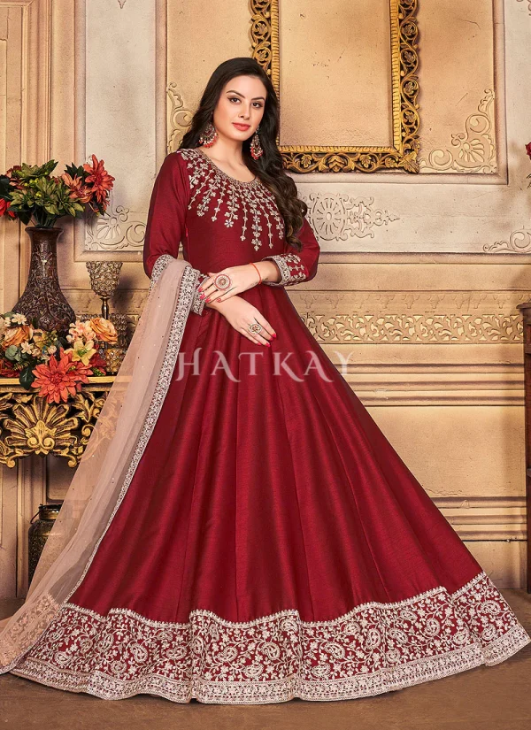 Red Zari Embroidered Festive Silk Anarkali Suit