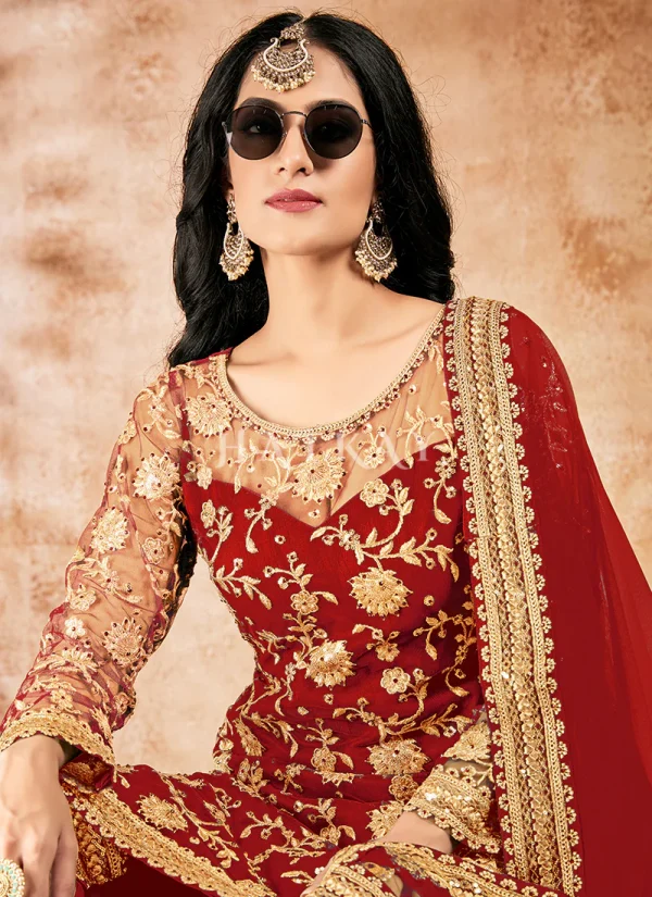 Red Zari Embroidered Traditional Gharara Style Suit