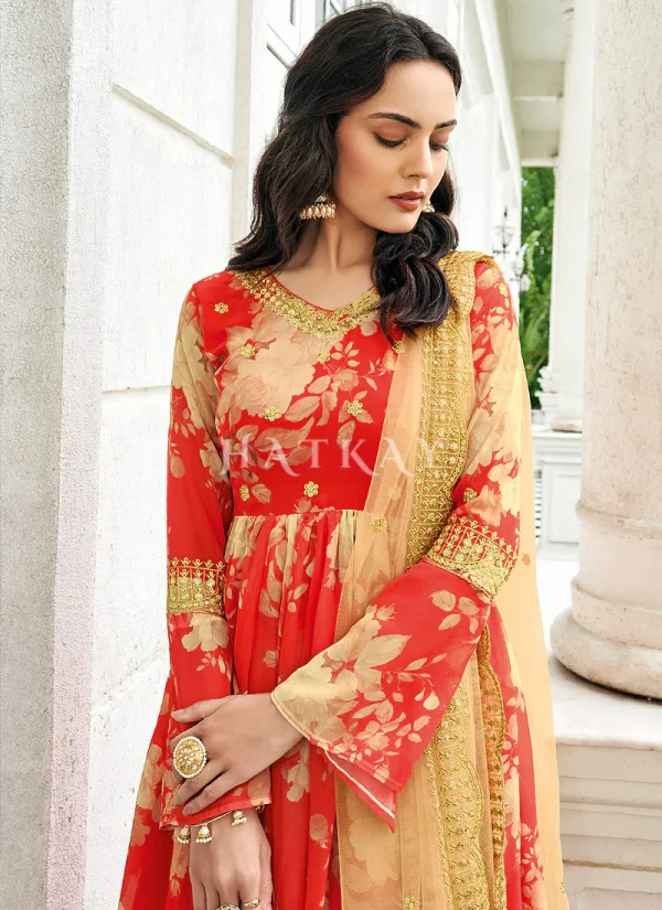 Rouge Red Floral Print Sharara Suit