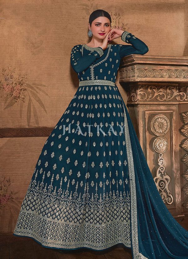 Royal Blue Embroidery Slit Style Anarkali Lehenga