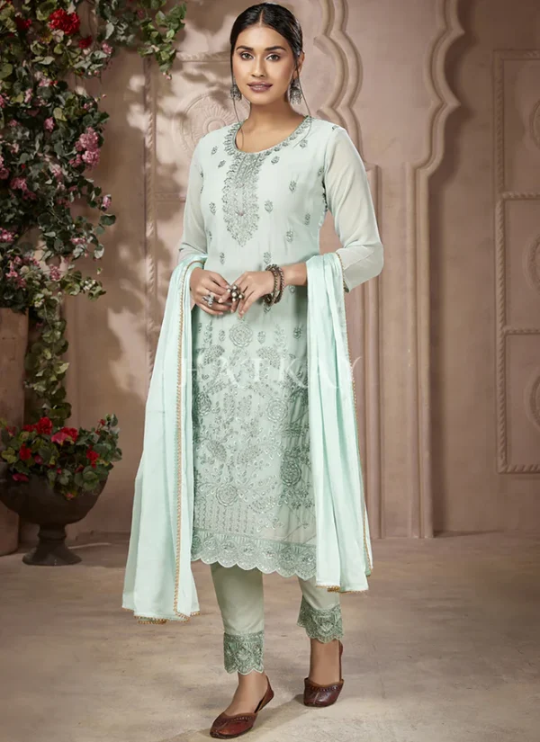 Sea Green Embroidery Traditional Pakistani Pant Suit