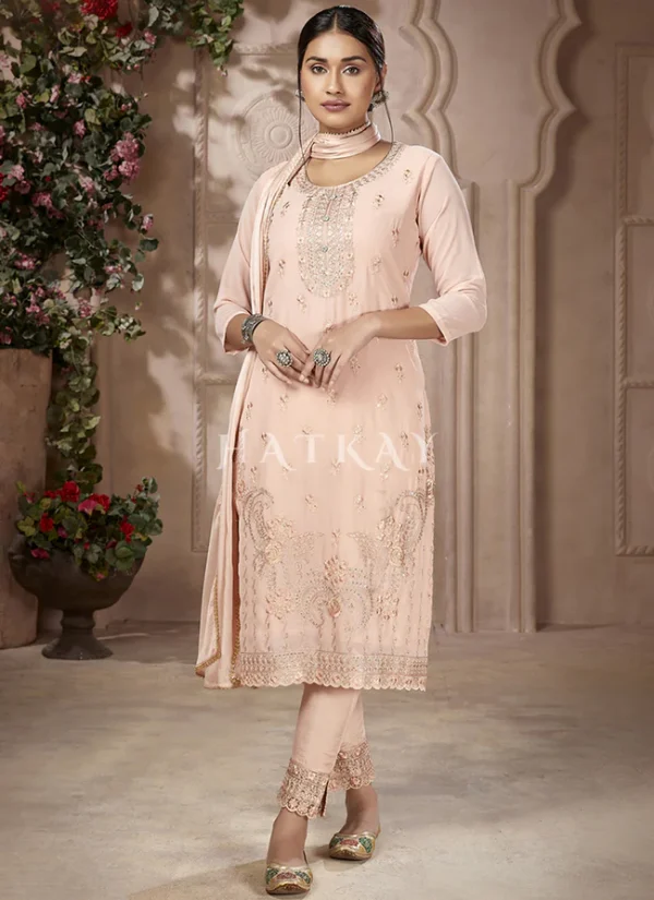 Soft Peach Embroidery Traditional Pakistani Pant Suit
