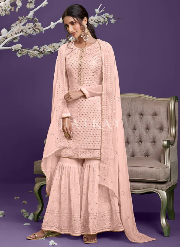 Soft Peach Sequence Embroidered Wedding Style Gharara Suit