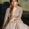 Taupe Grey Golden Embroidered Sharara Suit