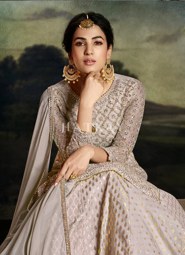 Taupe Grey Golden Embroidered Sharara Suit