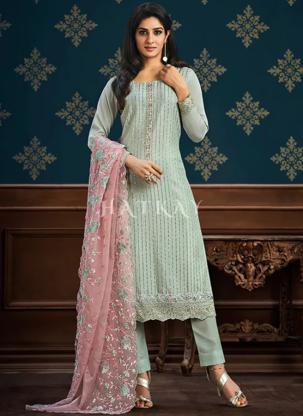 Teal And Pink Floral Embroidery Pakistani Pant Suit