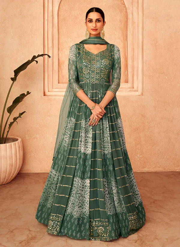 Teal And White Sequence Embroidery Georgette Anarkali Gown