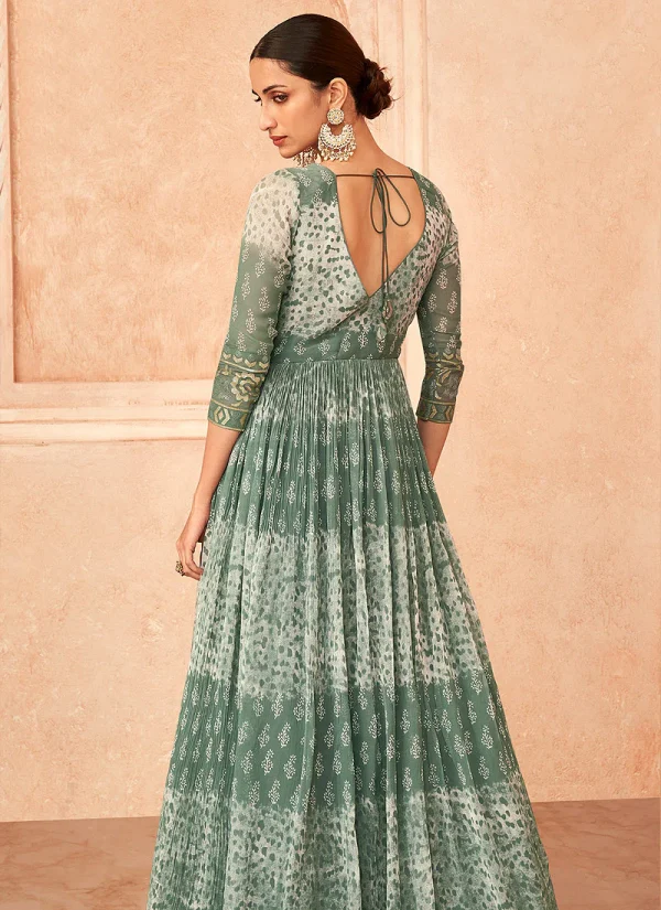 Teal And White Sequence Embroidery Georgette Anarkali Gown