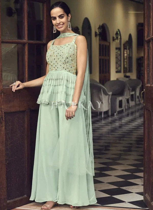 Teal Blue Embroidered Sharara Style Suit