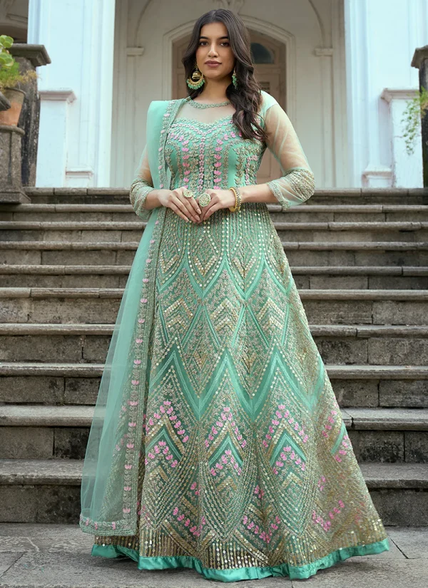 Teal Blue Multi Embroidery Traditional Anarkali Suit