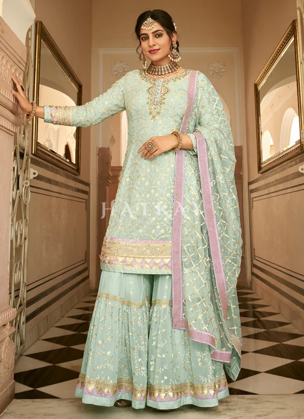 Teal Blue Sequence Embroidered Wedding Gharara Suit