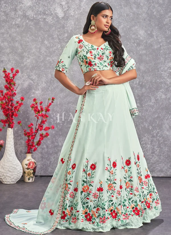 Teal Floral And Sequence Embroidery Wedding Lehenga Choli
