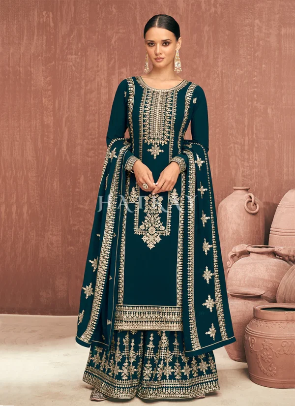 Turquoise Embroidered Georgette Gharara Suit