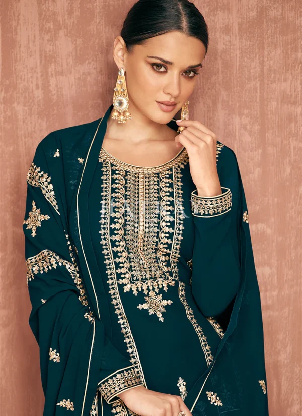 Turquoise Embroidered Georgette Gharara Suit